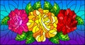 Stained glass illustration with flowers, buds and leaves of  roses on a blue background Royalty Free Stock Photo