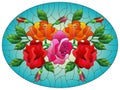 Stained glass illustration with  flowers, buds and leaves of  roses on a blue background , oval image Royalty Free Stock Photo