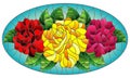 Stained glass illustration with  flowers, buds and leaves of  roses on a blue background , oval image Royalty Free Stock Photo