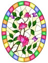 Stained glass illustration with flowers , leaves of pink rose and purple butterflies on the yellow background,oval picture frame Royalty Free Stock Photo