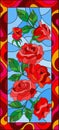 Stained glass illustration with flowers and leaves of red roses in a bright frame,vertical orientation Royalty Free Stock Photo