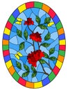 Stained glass illustration with flowers , leaves of rose and butterflies on the blue background,oval picture frame in bright Royalty Free Stock Photo