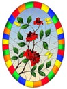 Stained glass illustration with flowers , leaves of rose and butterflies on the sky background,oval picture frame in bright Royalty Free Stock Photo