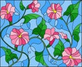 Stained glass illustration flowers loach, pink flowers and leaves on blue background