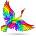 Stained glass illustration with a flying bright bird isolated on a white background