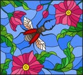 Stained glass illustration with flying Rhino beetle on background of branches with pink flowers, leaves and sky