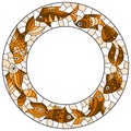 Stained glass illustration with a frame with abstract fishes, tone brown, sepia