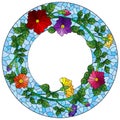Stained glass illustration with  a frame with bright flowers on a blue background, round image Royalty Free Stock Photo