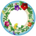 Stained glass illustration with a frame with bright flowers on a blue background, round image Royalty Free Stock Photo