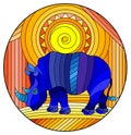 Stained glass illustration with funny blue rhino and sun on abstract orange background, oval image