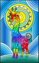 Stained glass illustration with giraffe abstract rainbow geometric background with sun