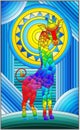 Stained glass illustration with giraffe abstract rainbow geometric background with sun