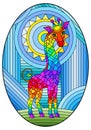 Stained glass illustration with giraffe abstract rainbow geometric background with sun, oval image