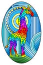 Stained glass illustration with giraffe abstract rainbow geometric background with sun, oval image