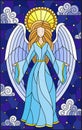 Stained glass illustration with girl angel in blue dress on background of starry sky and clouds