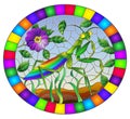 Stained glass illustration with green mantis and purple flower on grass and sky background, oval image in bright frame Royalty Free Stock Photo