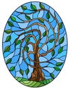 Stained glass illustration with green tree on sky background,oval image