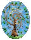 Stained glass illustration with green tree on sky background,oval image