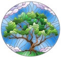 Stained glass illustration with green tree on sky background,oval image