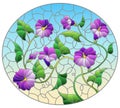 Stained glass illustration with intertwined purple flowers and leaves on a blue background, oval image Royalty Free Stock Photo