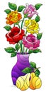 Stained glass illustration with an isolated element, a bouquet of roses in a vase and fruit on a white background