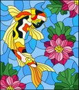 Stained glass illustration with a koi carp on a background of pink lotuses and water