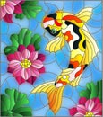 Stained glass illustration with a koi carp on a background of pink lotuses and water