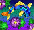 Stained glass illustration with a koi carp on a background of purple lotuses and water