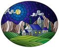 Stained glass illustration with  landscape with a lonely house amid field, starry night sky and moon Royalty Free Stock Photo