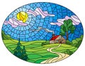 Stained glass illustration with landscape with a lonely house amid field,sun and sky, oval image