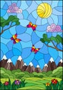 Stained glass illustration with landscape, meadows against a Sunny sky and a mountains