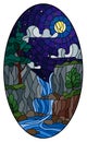 Stained glass illustration with  landscape ,the tree on the background of a waterfall, mountains, starry night skyand mon, oval im Royalty Free Stock Photo