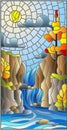 Stained glass illustration with landscape ,the tree on the background of a waterfall, mountains, sun and sky,autumn landscape Royalty Free Stock Photo