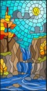 Stained glass illustration landscape ,the tree on the background of a waterfall, mountains, sun and sky,autumn landscape Royalty Free Stock Photo