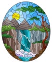 Illustration in stained glass style with  landscape ,the tree on the background of a waterfall, mountains, sun and sky, oval image Royalty Free Stock Photo