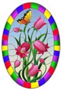 Stained glass illustration with leaves and bells flowers, pink flowers and butterfly on sky background in a bright frame , oval i Royalty Free Stock Photo