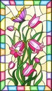 Stained glass illustration with leaves and bells flowers, pink flowers and butterfly on yellow background in a bright frame Royalty Free Stock Photo