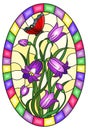 Stained glass illustration with leaves and bells flowers, purple flowers and red butterfly on yellow background in a bright fram Royalty Free Stock Photo