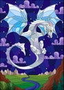 Stained glass illustration with light dragon on landscape and starry blue sky background