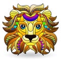 Stained glass illustration with a lion`s head, a bright portrait of an animal isolated on a white background