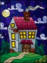 Stained glass illustration with a lonely house on a background of green forest, starru sky and moon Royalty Free Stock Photo