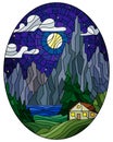 Stained glass illustration with a lonely house on a background of pine forests, lake, mountains and starry night sky with clouds, Royalty Free Stock Photo