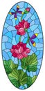 Stained glass illustration with Lotus leaves and flowers, pink flowers and dragonflies on sky background, oval image