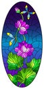 Stained glass illustration with  Lotus leaves and flowers, purple flowers and dragonflies on night sky background, oval image Royalty Free Stock Photo