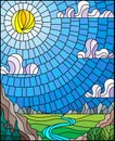 Stained glass illustration with the meandering river on a background of mountains, forests and Sunny sky