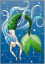 Stained glass illustration with mermaid with long hair on water and air bubbles background