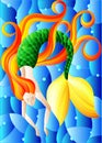 An illustration in stained glass style with mermaid with long red hair on water and air bubbles background Royalty Free Stock Photo