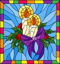 Stained glass illustration for New year and Christmas, candles, Holly branches and ribbons on a blue background in a bright frame Royalty Free Stock Photo