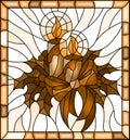 Stained glass illustration for New year and Christmas, candles, Holly branches and ribbons tone brown in a bright frame Royalty Free Stock Photo