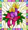 Stained glass illustration for New year and Christmas, candles, Holly branches and ribbons on a yellow background in a bright fra Royalty Free Stock Photo